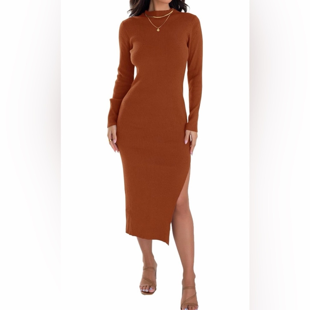 🆕Ribbed Long Sleeve Mock Neck Slim Fit Sweater Dress